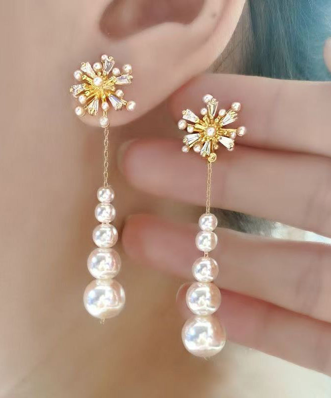 Stylish Gold Alloy Zircon Pearl Fireworks Tassel Drop Earrings RG004