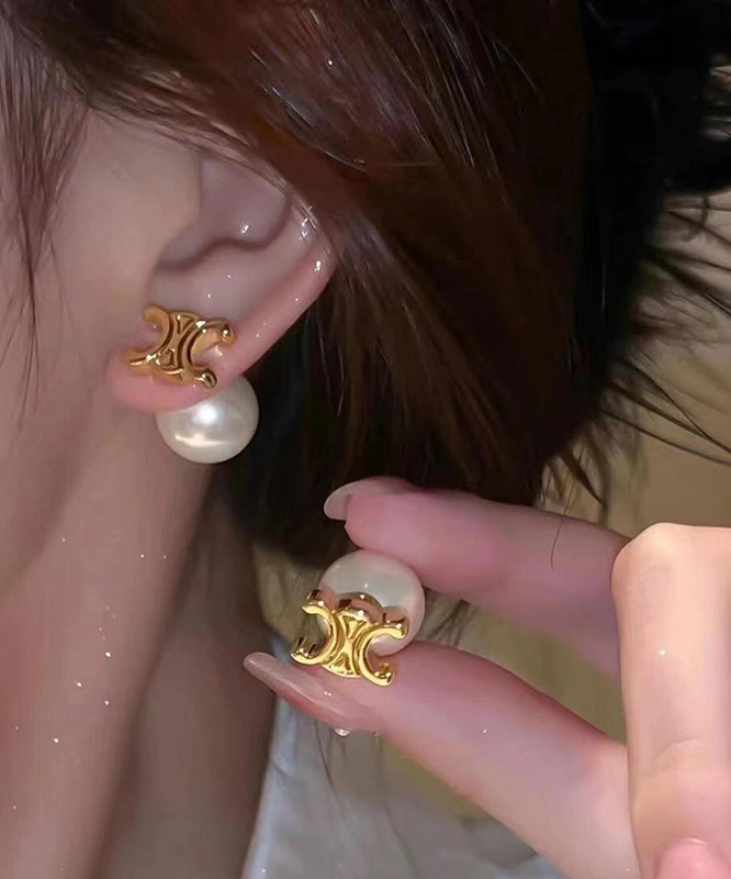 Copper Alloy Pearl Earrings Gold Stud Stylish