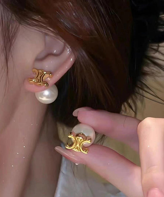 Copper Alloy Pearl Earrings Gold Stud Stylish