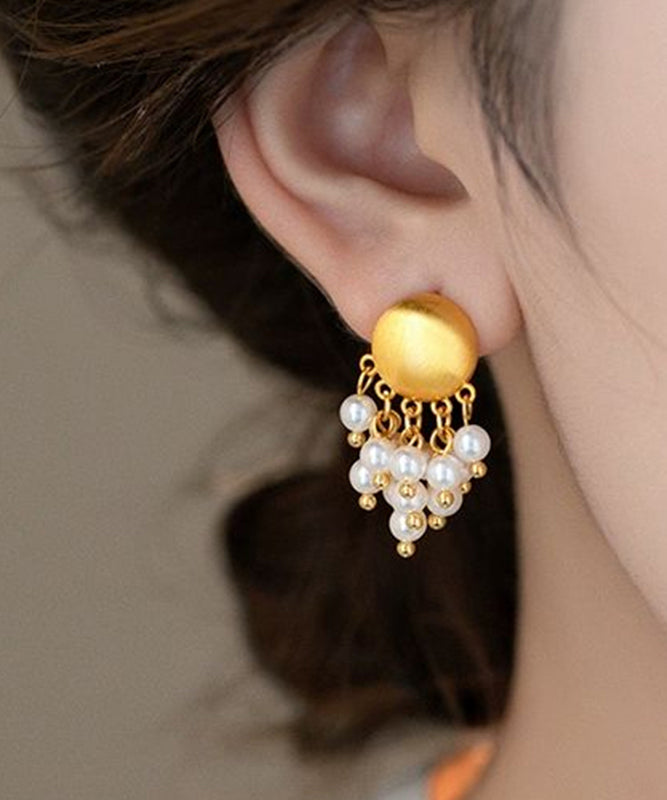 Earrings Drop Overgild Copper Stylish Gold Tassel Pearl