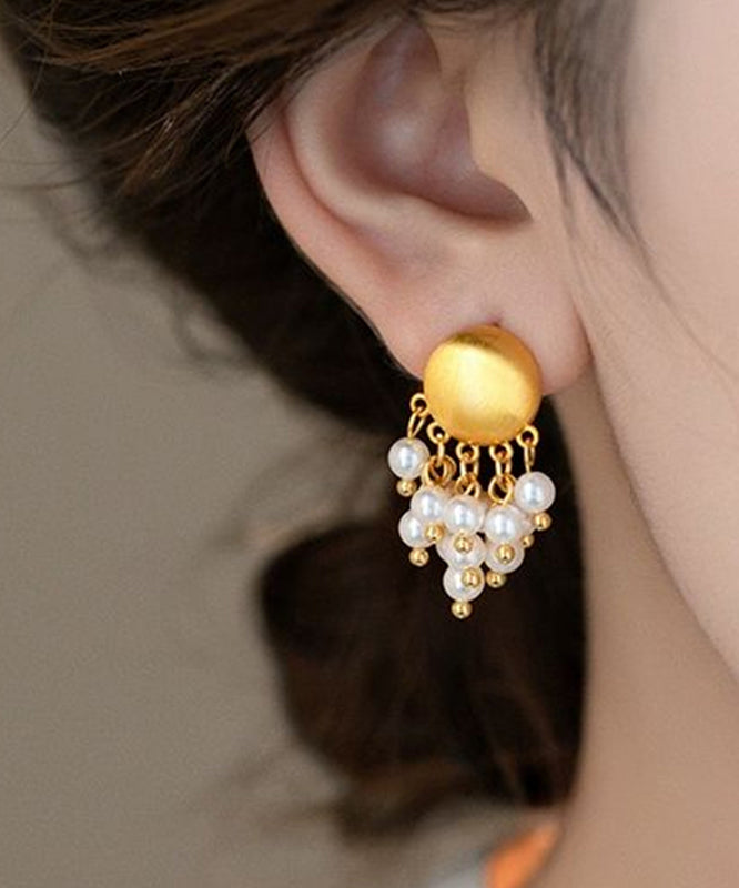 Overgild PearlTassel Metal Earrings Gold Stylish Drop
