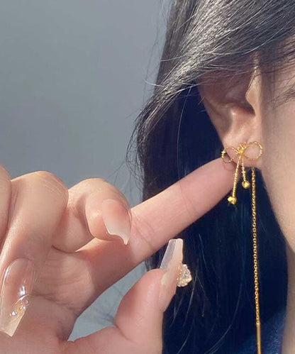 Gold Bow Sterling Drop Earrings Stylish Overgild Silver
