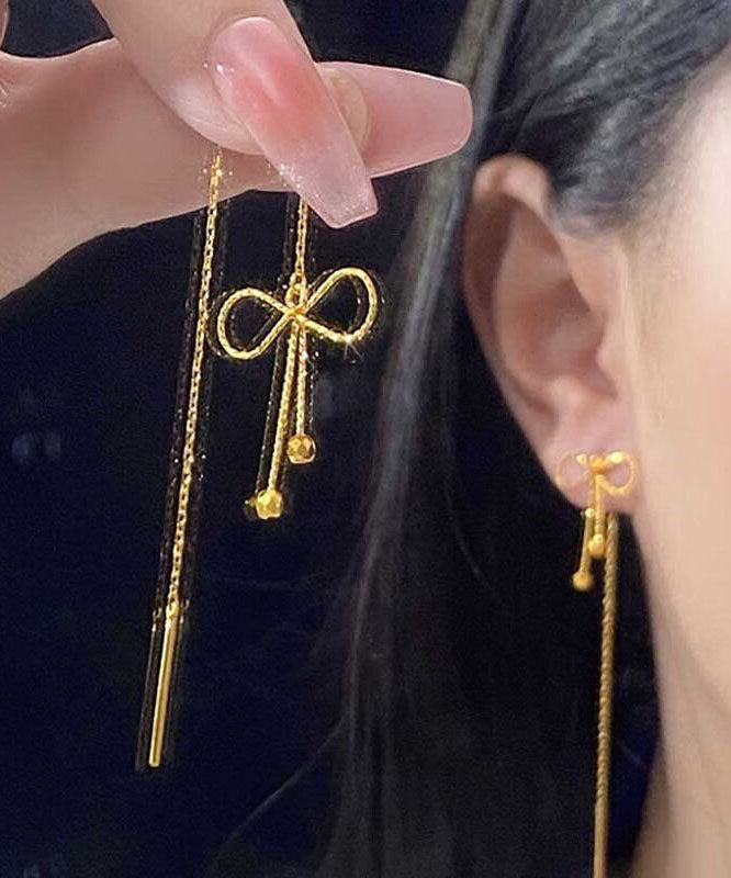 Gold Bow Sterling Drop Earrings Stylish Overgild Silver