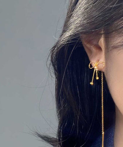 Gold Bow Sterling Drop Earrings Stylish Overgild Silver
