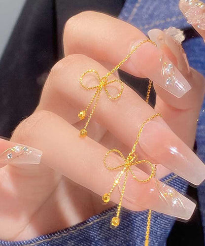 Gold Bow Sterling Drop Earrings Stylish Overgild Silver