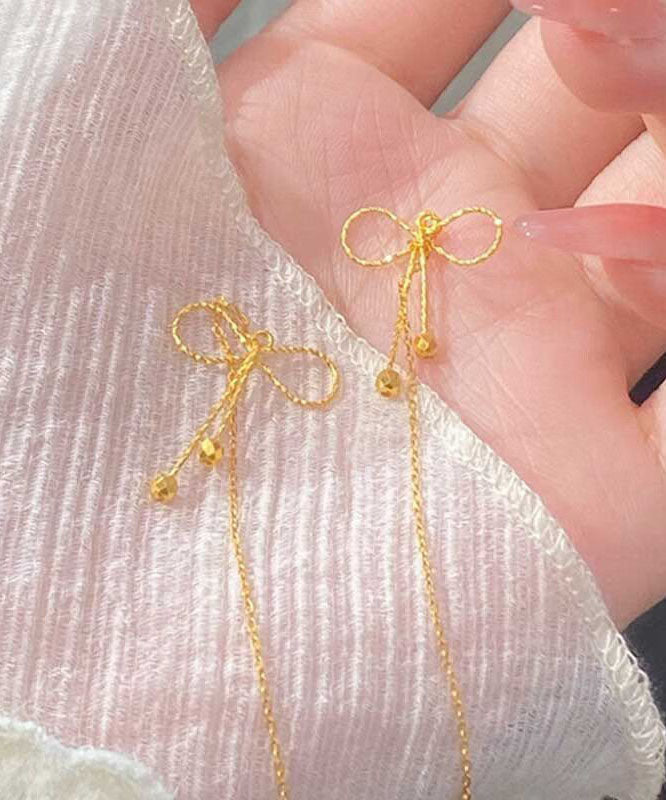 Gold Bow Sterling Drop Earrings Stylish Overgild Silver