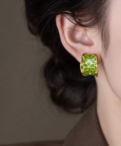 Stylish Green Floral Copper Hoop C-Shaped Earrings