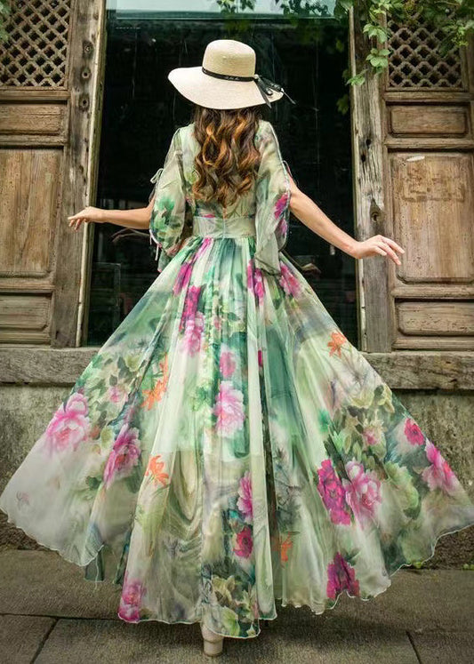 Stylish Green Floral V Neck Chiffon Beach Long Dresses Flared Sleeve WW1009