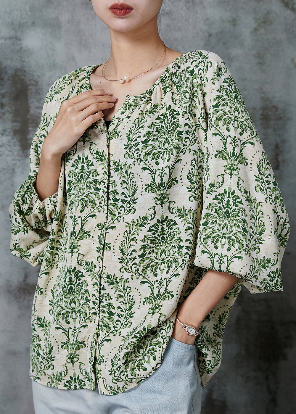 Stylish Green Oversized Print Chiffon Shirt Top Spring AL1016