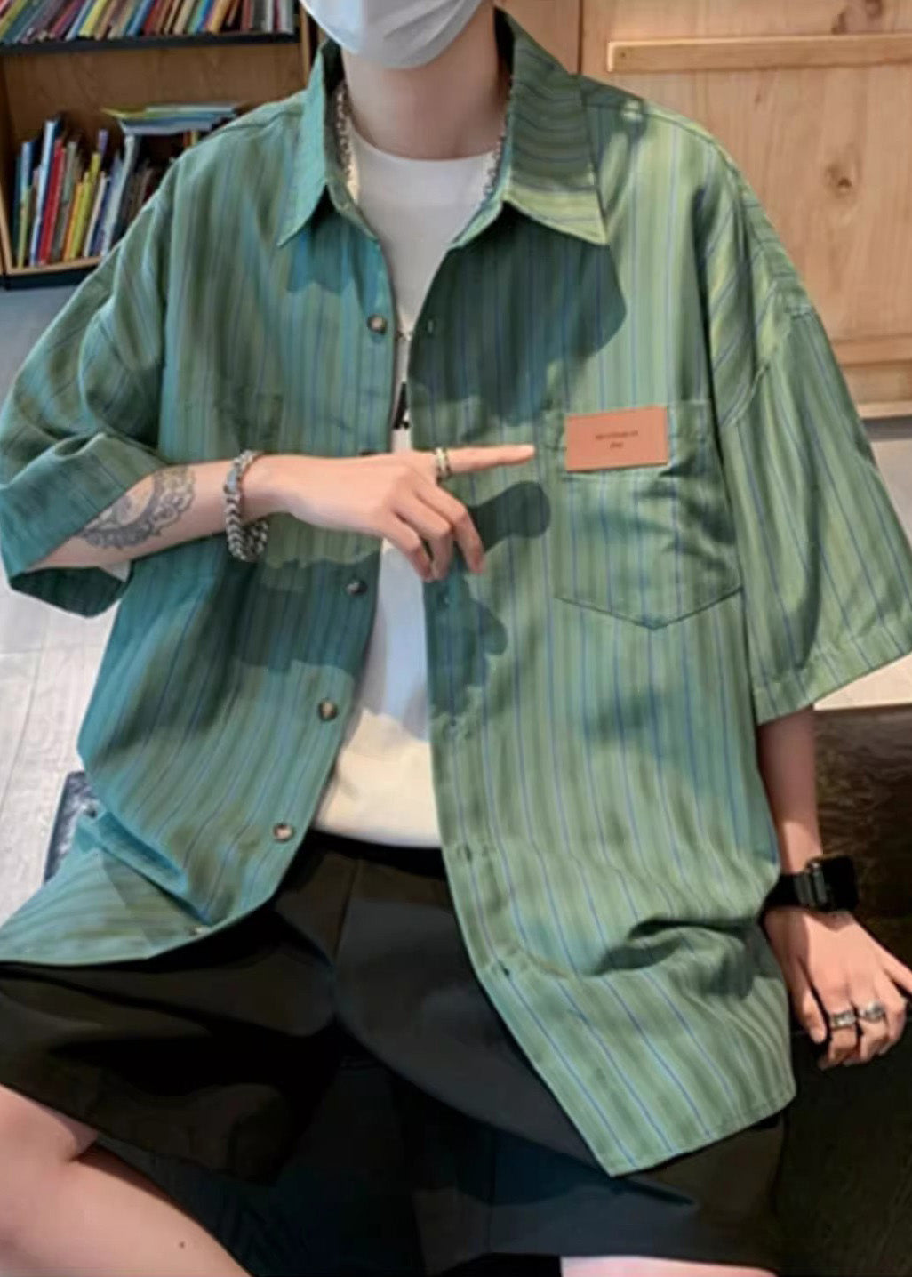 Stylish Cotton Striped Half Oversized Sleeve Apparel Green Men