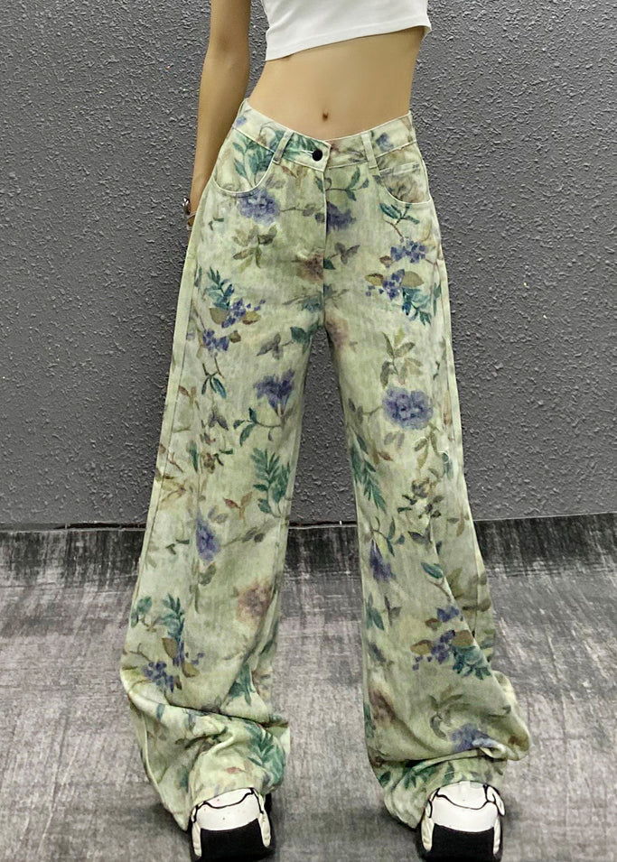 Green Waist Summer Denim Stylish High Pants Print