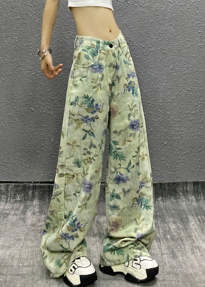 Green Waist Summer Denim Stylish High Pants Print