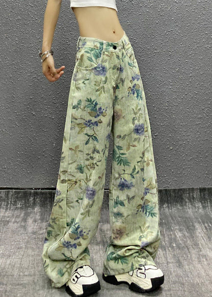 Green Waist Summer Denim Stylish High Pants Print