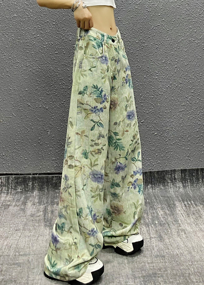 Green Waist Summer Denim Stylish High Pants Print