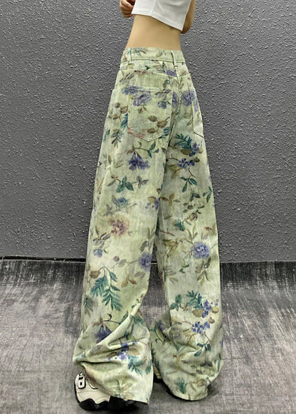 Green Waist Summer Denim Stylish High Pants Print