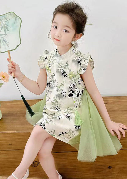 Stylish Green Print Tulle Patchwork Button Girls Mid Dresses Summer MN002