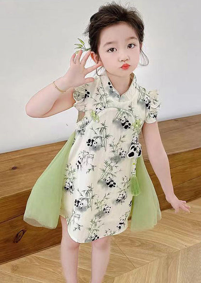 Stylish Green Print Tulle Patchwork Button Girls Mid Dresses Summer MN002