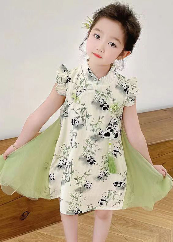 Stylish Green Print Tulle Patchwork Button Girls Mid Dresses Summer MN002