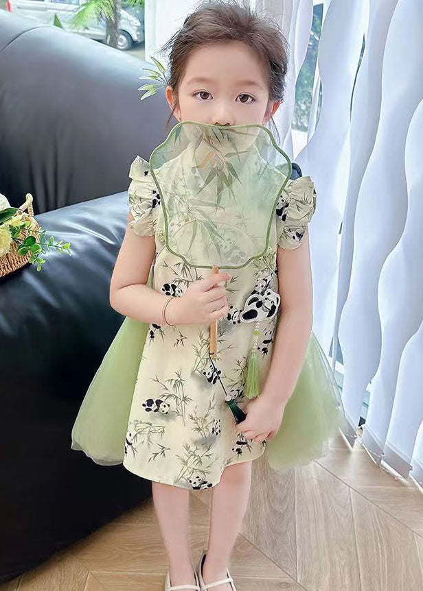 Stylish Green Print Tulle Patchwork Button Girls Mid Dresses Summer MN002