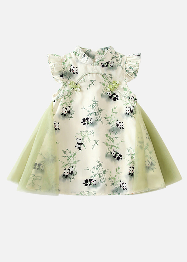 Stylish Green Print Tulle Patchwork Button Girls Mid Dresses Summer MN002