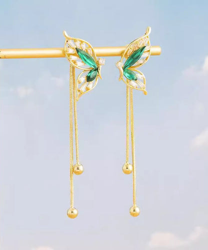 Stylish Green Sterling Silver Overgild Butterfly Tassel Drop Earrings PO039