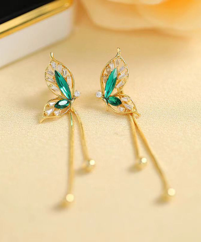 Stylish Green Sterling Silver Overgild Butterfly Tassel Drop Earrings PO039