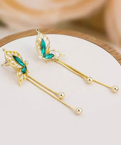 Stylish Green Sterling Silver Overgild Butterfly Tassel Drop Earrings PO039