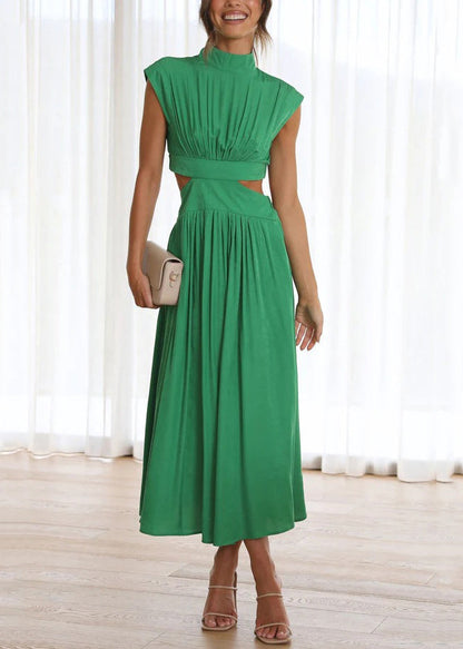 Green Cotton Stylish Long Dresses Summer Pockets Wrinkled