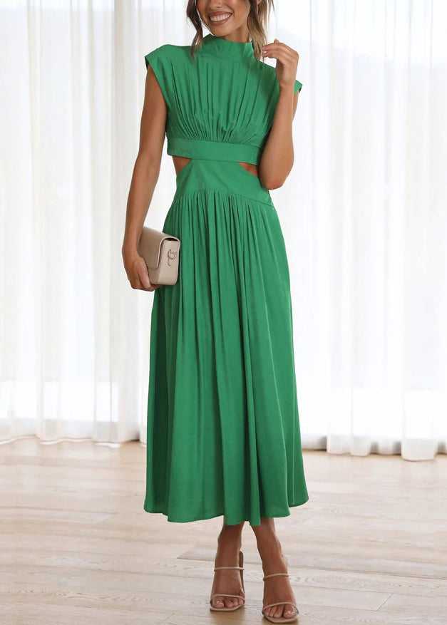 Green Cotton Stylish Long Dresses Summer Pockets Wrinkled