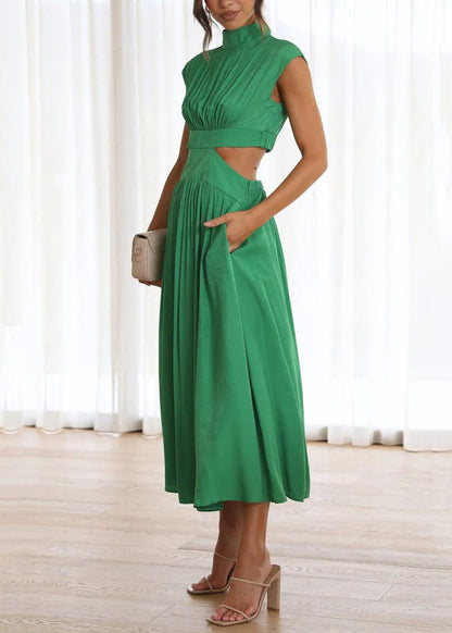 Green Cotton Stylish Long Dresses Summer Pockets Wrinkled