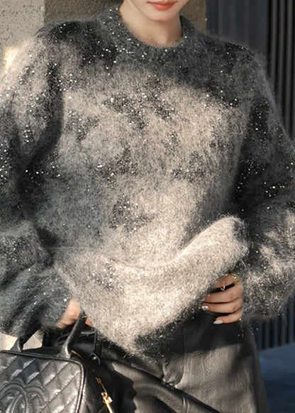 Stylish Grey O Neck Sequins Knit Pullover Spring YY023