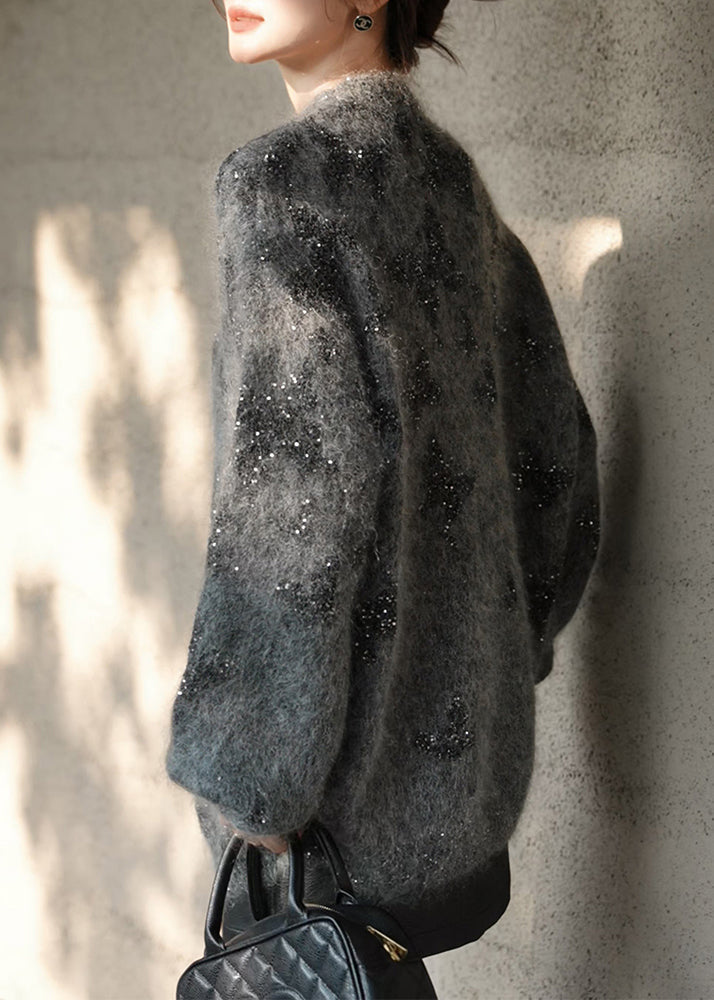 Stylish Grey O Neck Sequins Knit Pullover Spring YY023