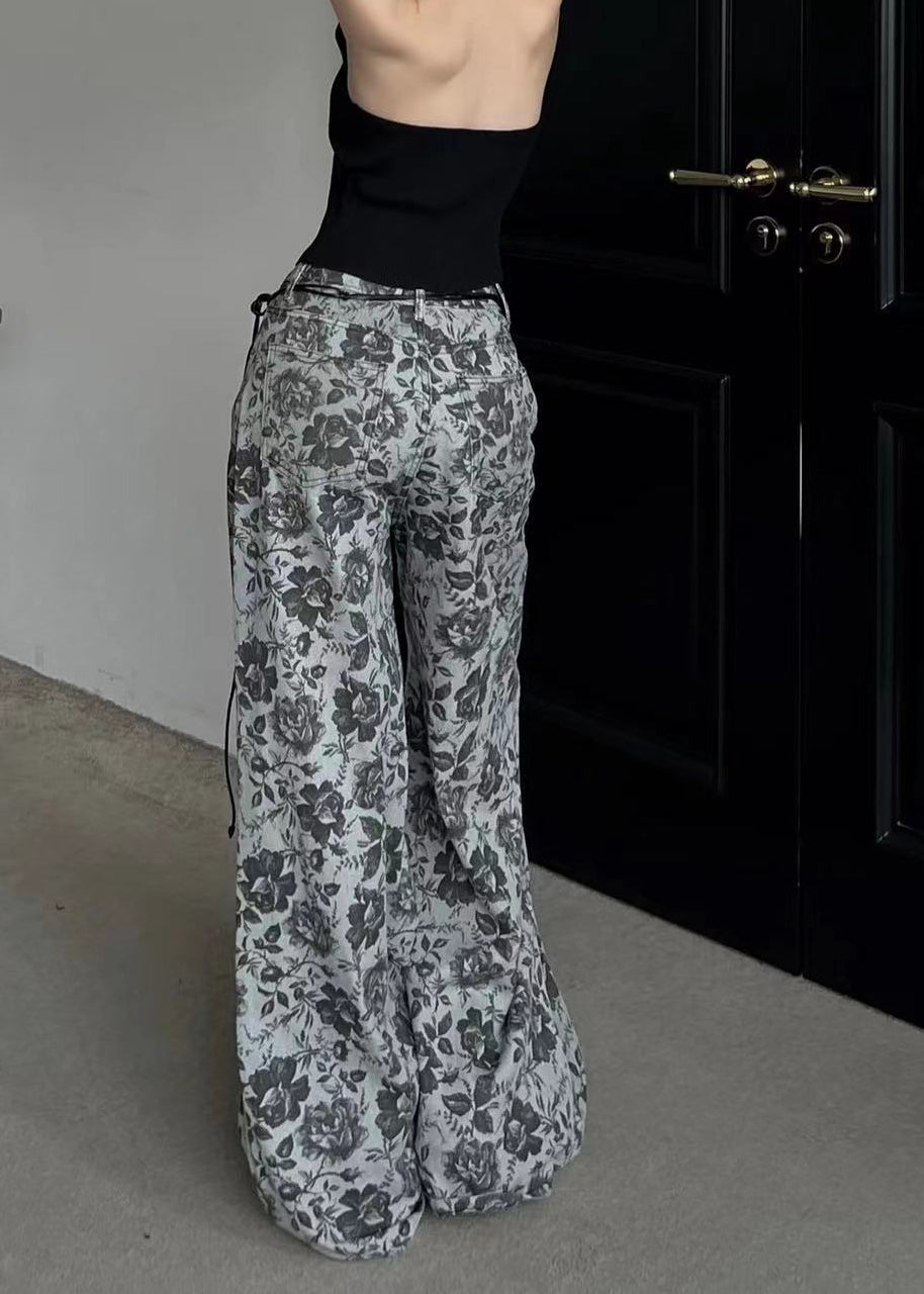 Stylish Grey Print Pockets Denim Wide Leg Pants Fall QK001