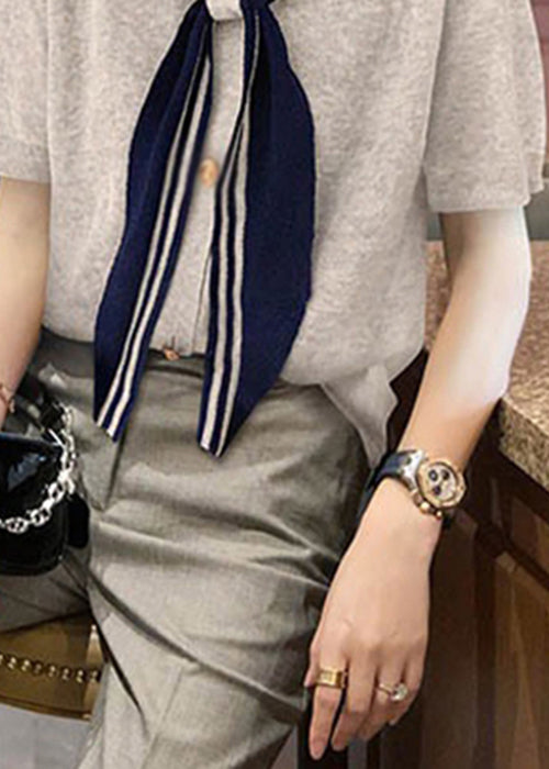 Summer T Stylish Collar Sailor Shirt Patchwork Grey Cotton