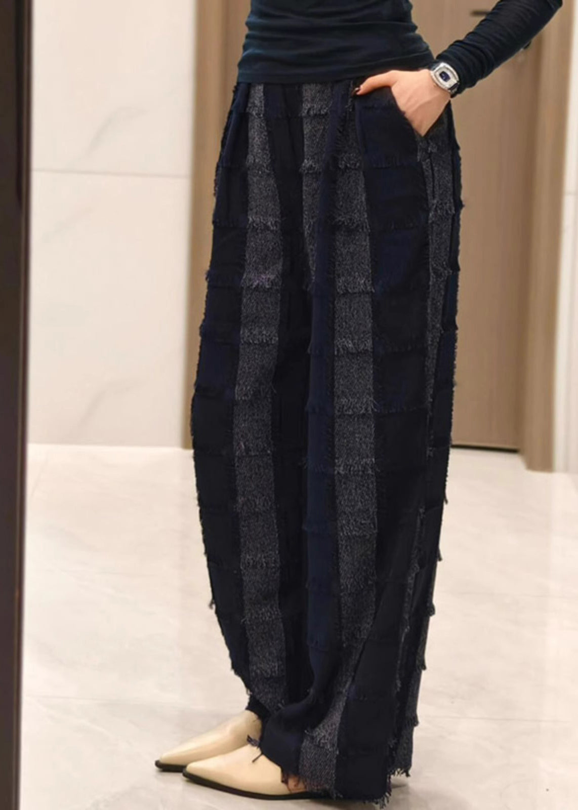 Cotton Pants Striped Tasseled Fall Stylish Grey