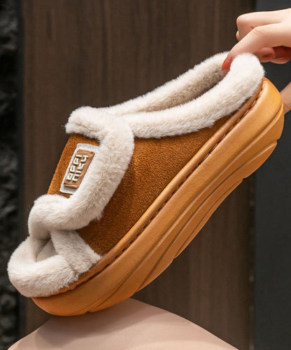 Stylish Khaki Fuzzy Fur Slippers Shoes Platform WT015