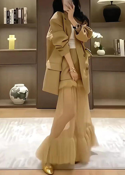 Stylish Khaki Suit Coat And Skirts Two Pieces Set Spring YZ017