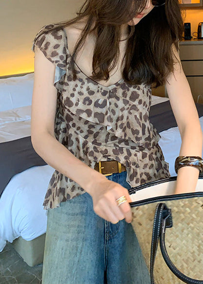 Ruffled Asymmetrical Sleeveless Top Tulle Stylish Leopard