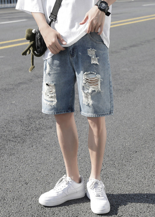 Stylish Light Blue Hole High Waist Denim Men Shorts Summer YL029