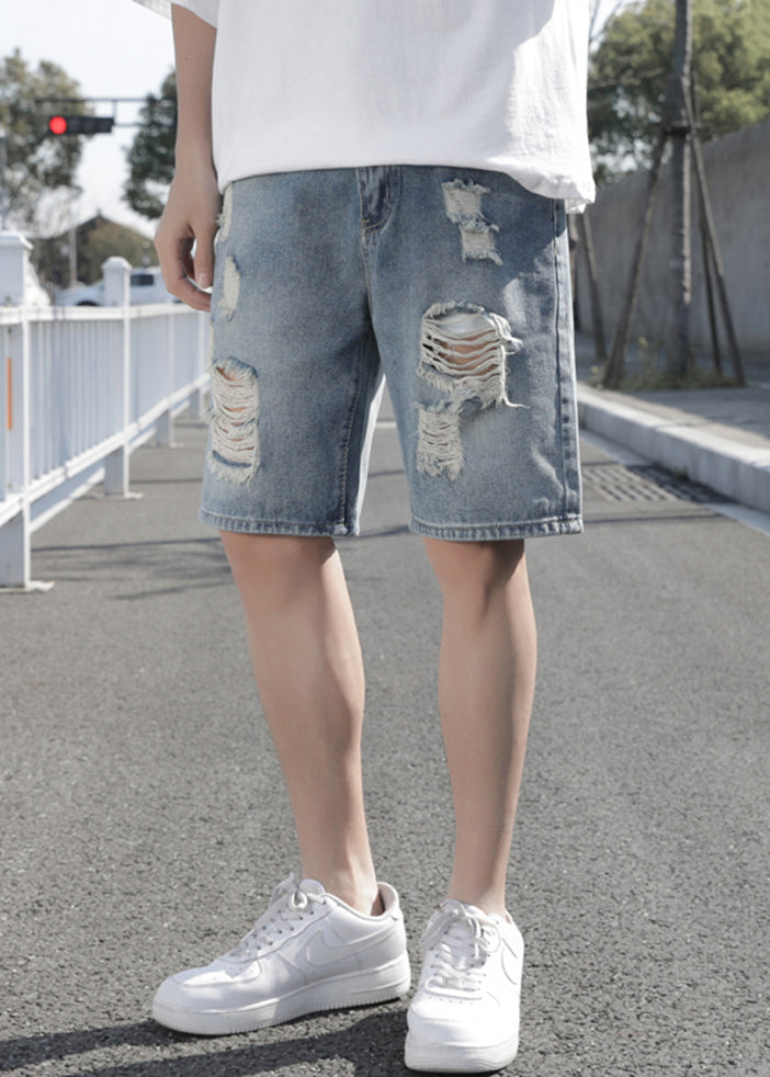 Stylish Light Blue Hole High Waist Denim Men Shorts Summer YL029