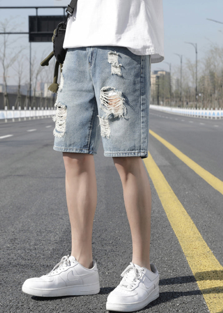 Stylish Light Blue Hole High Waist Denim Men Shorts Summer YL029