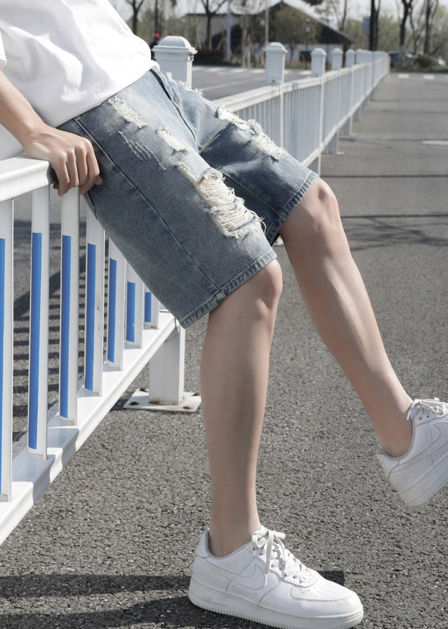 Stylish Light Blue Hole High Waist Denim Men Shorts Summer YL029