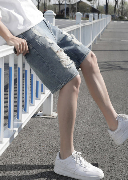 Stylish Light Blue Hole High Waist Denim Men Shorts Summer YL029