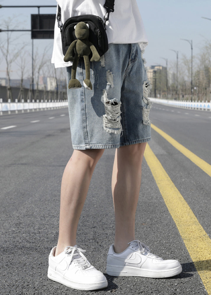 Stylish Light Blue Hole High Waist Denim Men Shorts Summer YL029