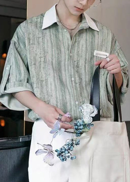 Men Button Striped Stylish Cotton Patchwork Green Shirts Light