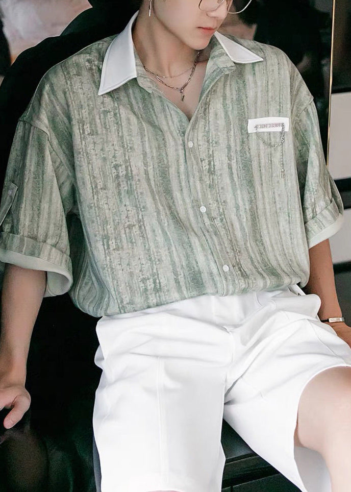 Men Button Striped Stylish Cotton Patchwork Green Shirts Light