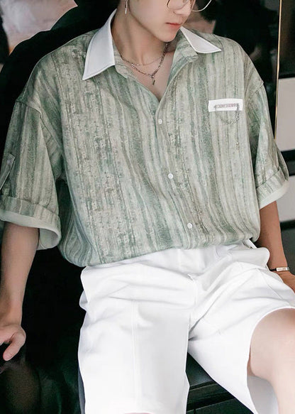 Men Button Striped Stylish Cotton Patchwork Green Shirts Light