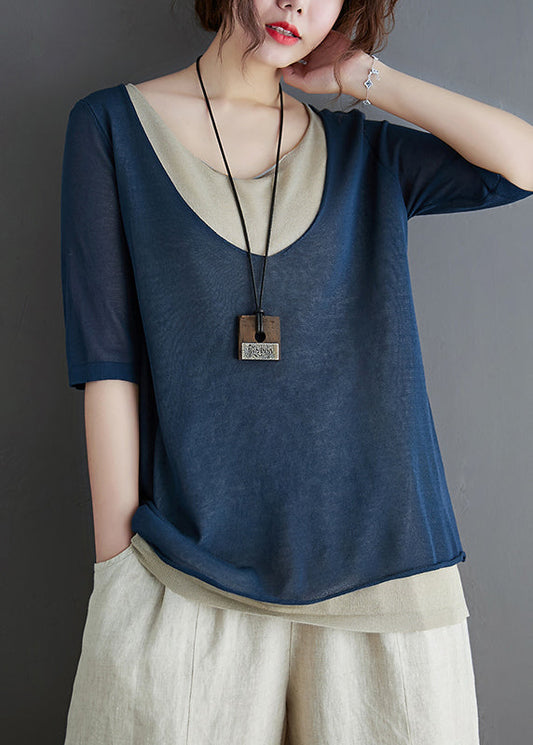 Stylish Summer Piece Two Navy Tops Patchwork Knit Fake