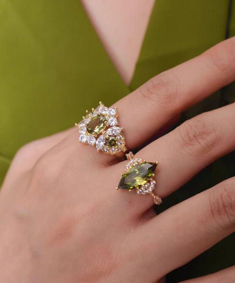 Stylish Stone Olive Rings Zircon Gem Green Copper Alloy Open