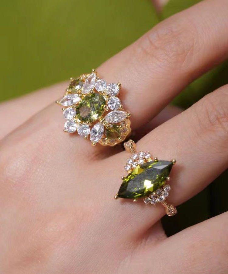Stylish Stone Olive Rings Zircon Gem Green Copper Alloy Open
